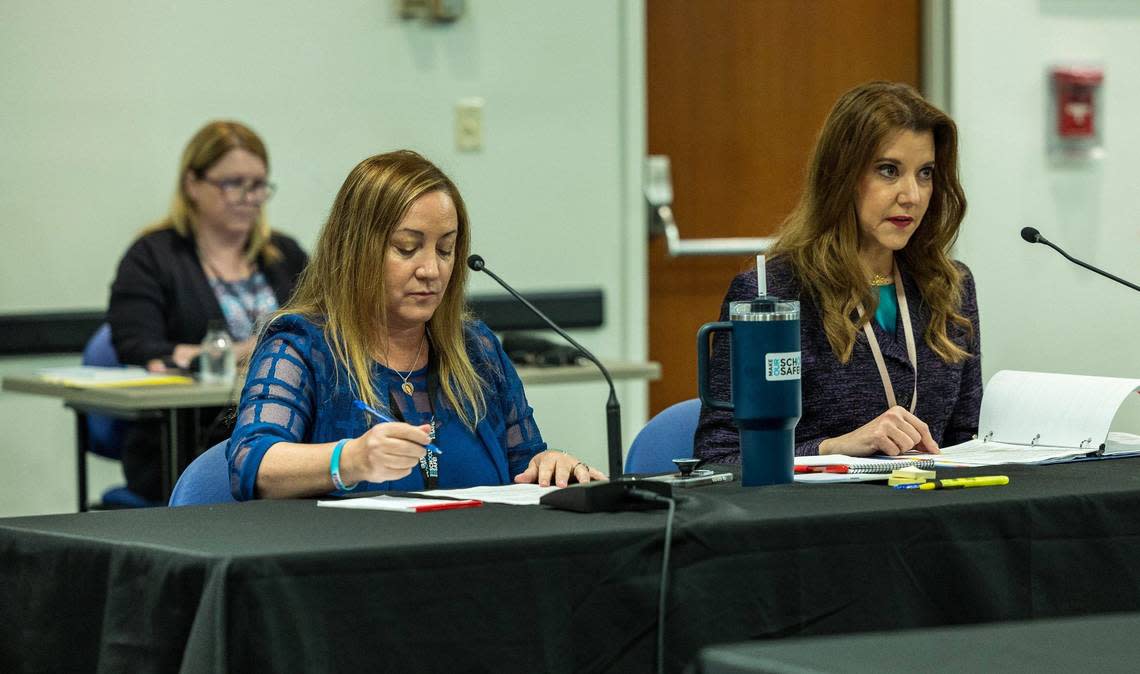 General counsel Marilyn Batista (right) with the Broward School Board and Chair Lori Alhadeff, during a meeting to negotiate a new contract with the new superintendent Howard Hepburn, on Friday April 26, 2024.