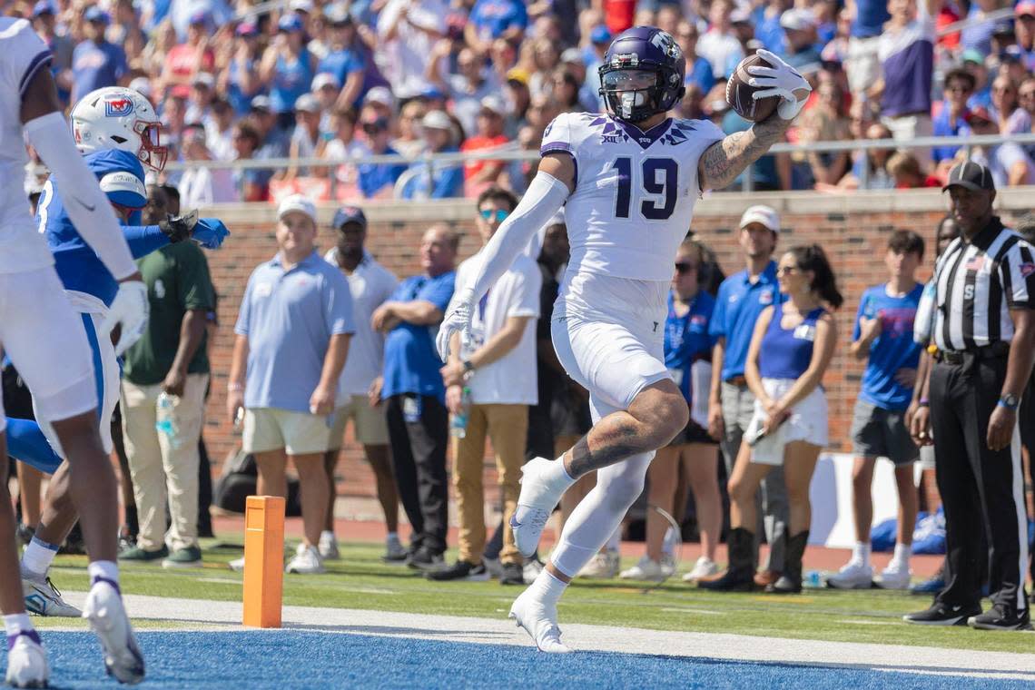 TCU tight end Jared Wiley runs a touchdown on Saturday, Sept. 24, 2022, at the Gerald Ford Stadium in the Southern Methodist University in Dallas, Texas.