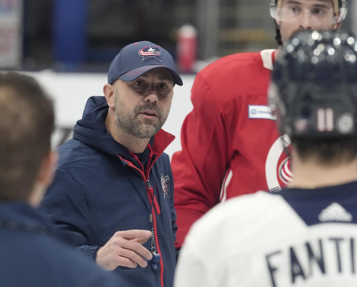 Sept. 27, 2023; Columbus, Oh., USA; 
Columbus Blue Jackets head coach Pascal Vincent speaks to players during practice at Nationwide Arena on Wednesday.