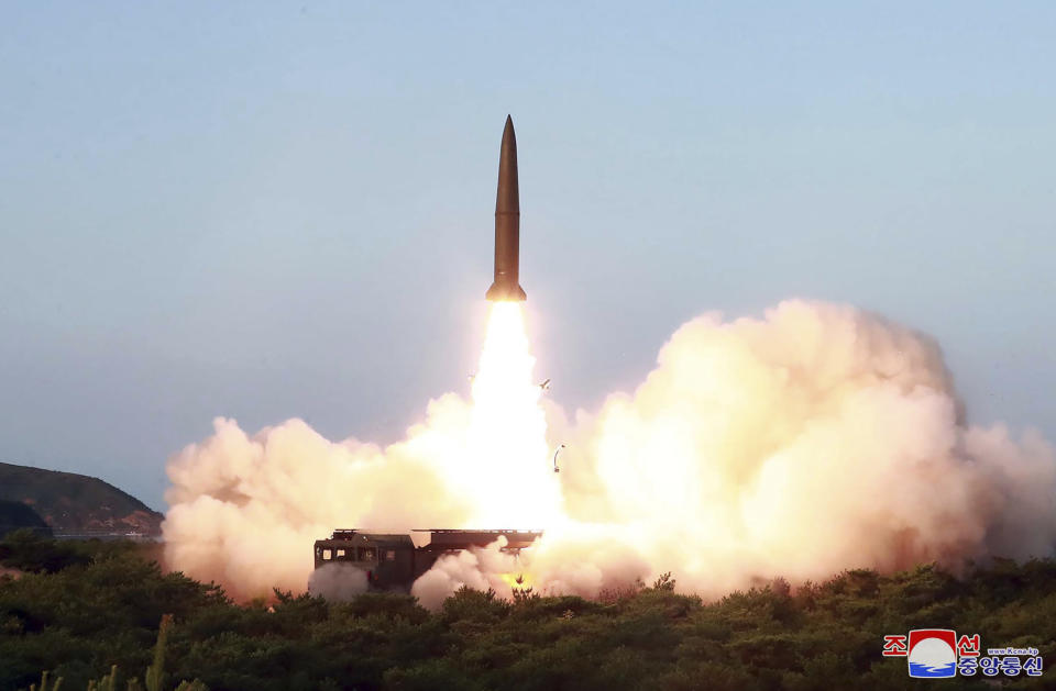 This Thursday, July 25, 2019, photo provided on Friday, July 26, 2019, by the North Korean government shows a test of a missile launch in North Korea. A day after two North Korean missile launches rattled Asia, the nation announced Friday that its leader Kim Jong Un supervised a test of a new-type tactical guided weapon that was meant to be a &quot;solemn warning&quot; about South Korean weapons introduction and its rival&#39;s plans to hold military exercises with the United States. Independent journalists were not given access to cover the event depicted in this image distributed by the North Korean government. The content of this image is as provided and cannot be independently verified. Korean language watermark on image as provided by source reads: &quot;KCNA&quot; which is the abbreviation for Korean Central News Agency. (Korean Central News Agency/Korea News Service via AP)