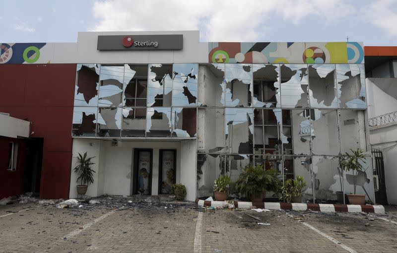 A view shows a damaged Sterling Bank in Lagos