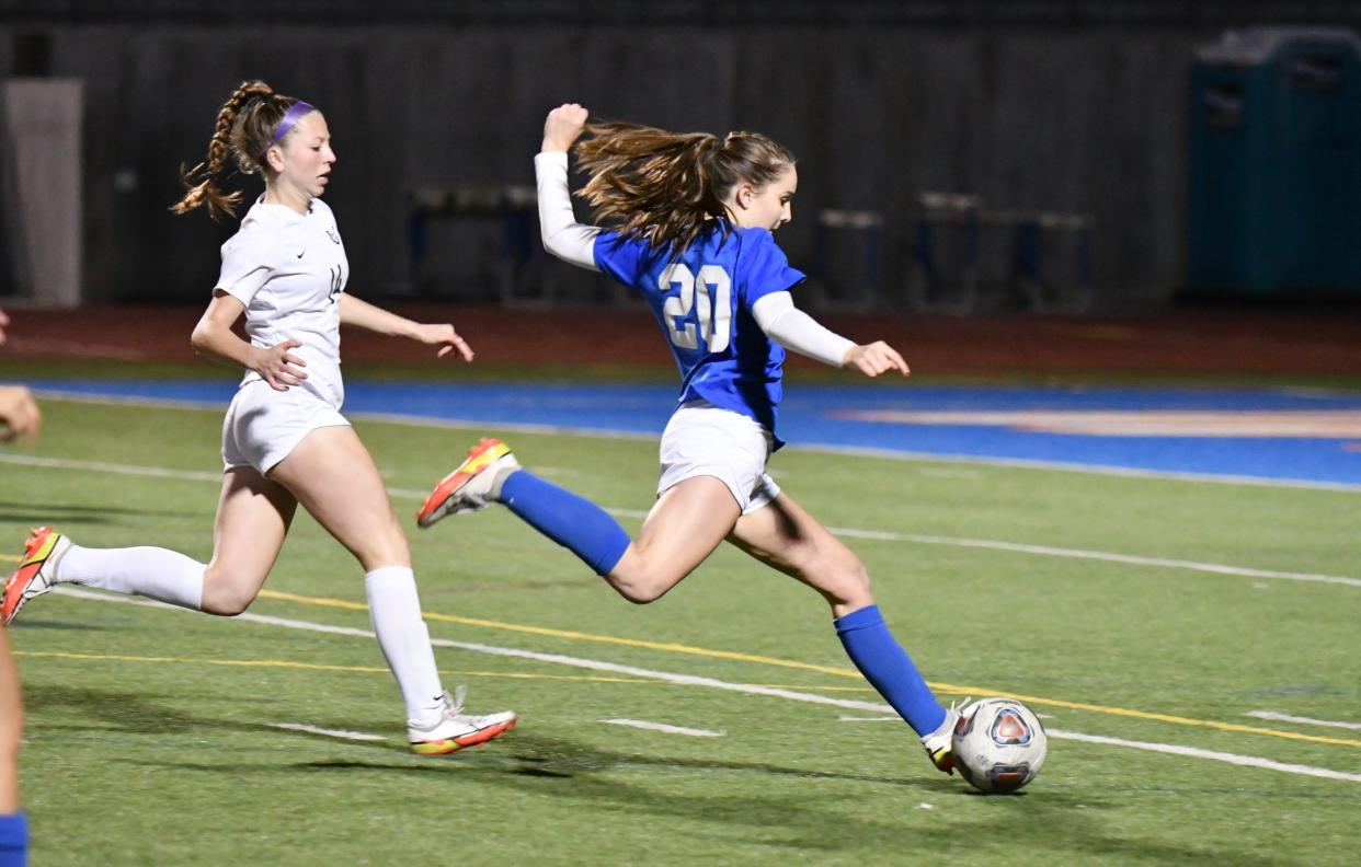 Westlake's Tatum Wynalda gets ready to fire a shot for a goal during the Warriors' 3-2 win over Vista Murrieta at Westlake High in a Division 2 second-round match Wednesday night.