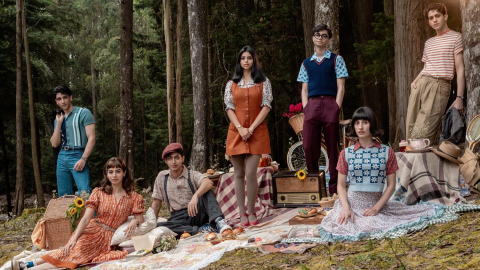 Archie Comics favorites Reggie (Vedang Raina, far left), Betty (Khushi Kapoor), Jughead (Mihir Ahuja), Veronica (Suhana Khan), Dilton (Yuvraj Menda), Ethel (Aditi Saigal) and Archie (Agastya Nanda) get an Indian makeover in the Hindi-language teen comedy "The Archies."