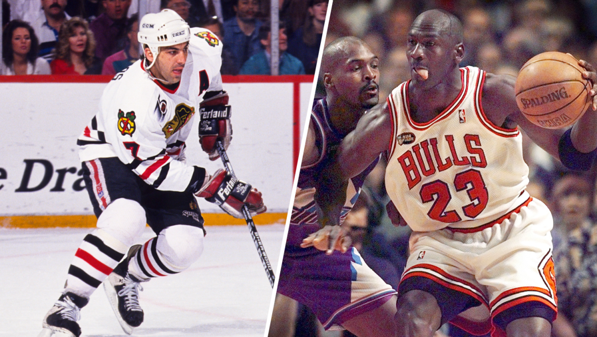 Michael Jordan attends Chris Chelios jersey retirement ceremony