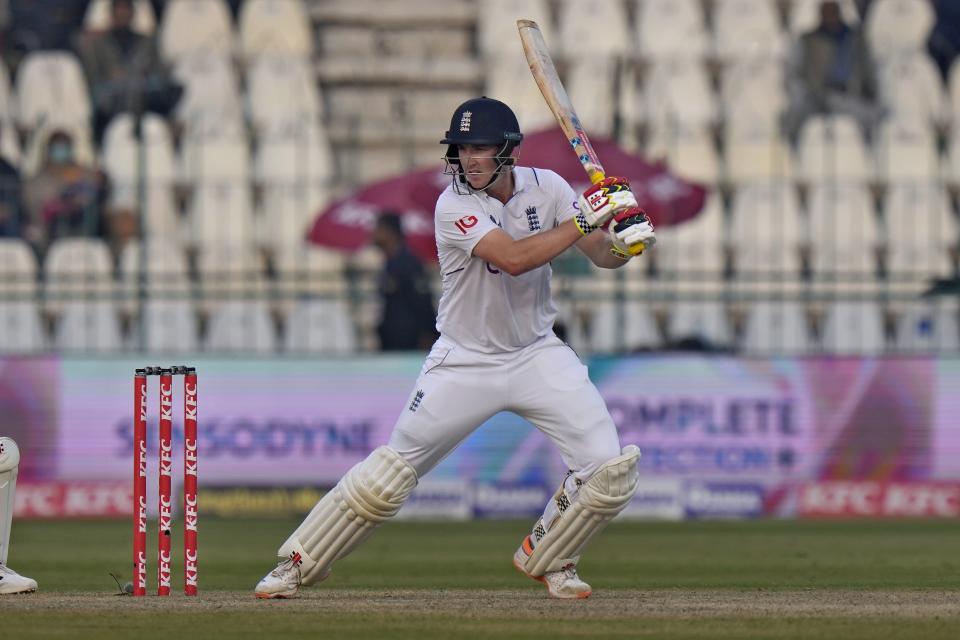 England's Harry Brook bats during the second day of the second test cricket match between Pakistan and England, in Multan, Pakistan, Saturday, Dec. 10, 2022. (AP Photo/Anjum Naveed)