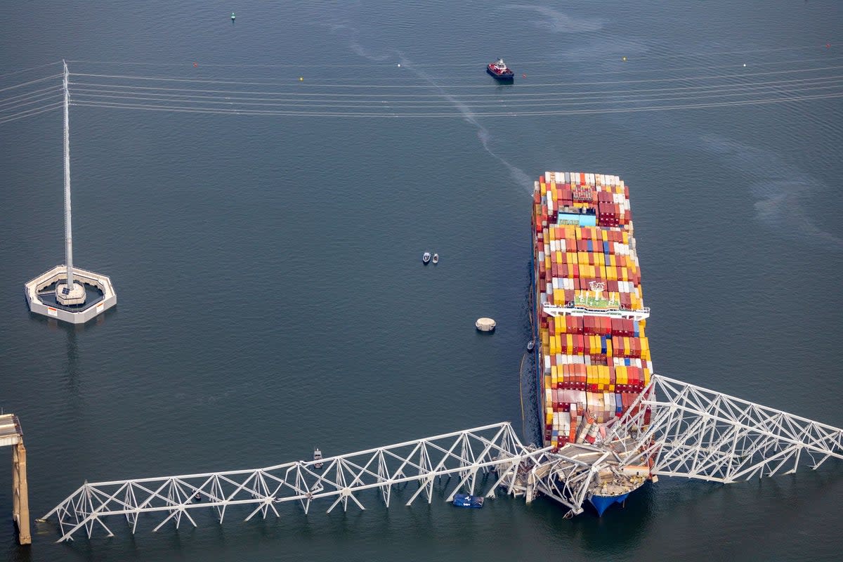 An aerial view of the cargo ship after collapsing the Francis Scott Key Bridge (Getty Images)