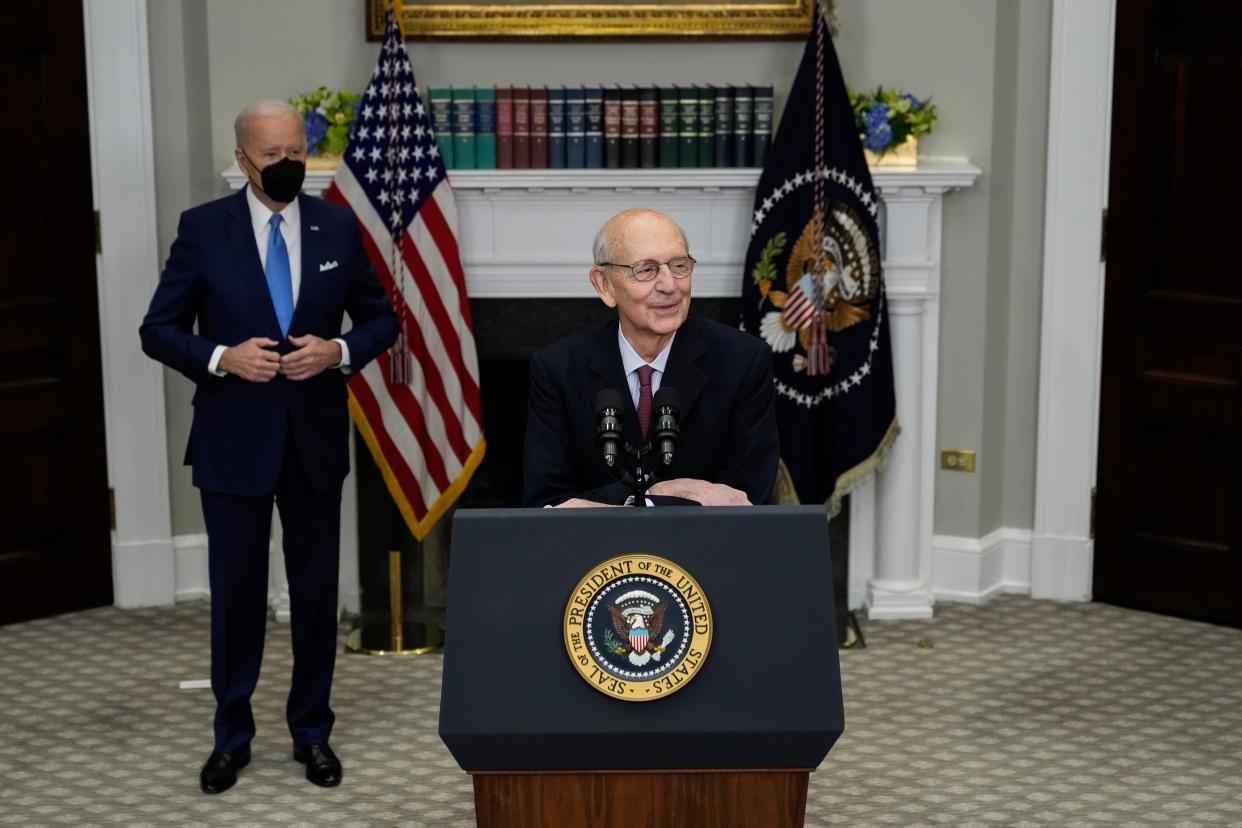 Retiring U.S. Supreme Court Justice Stephen Breyer speaks alongside President Joe Biden, during a retirement ceremony at the White House on Jan. 27, 2022, in Washington. Appointed by President Bill Clinton, Breyer has been on the court since 1994. His retirement creates an opportunity for President Joe Biden, who has promised to nominate a Black woman for his first pick to the highest court in the country.