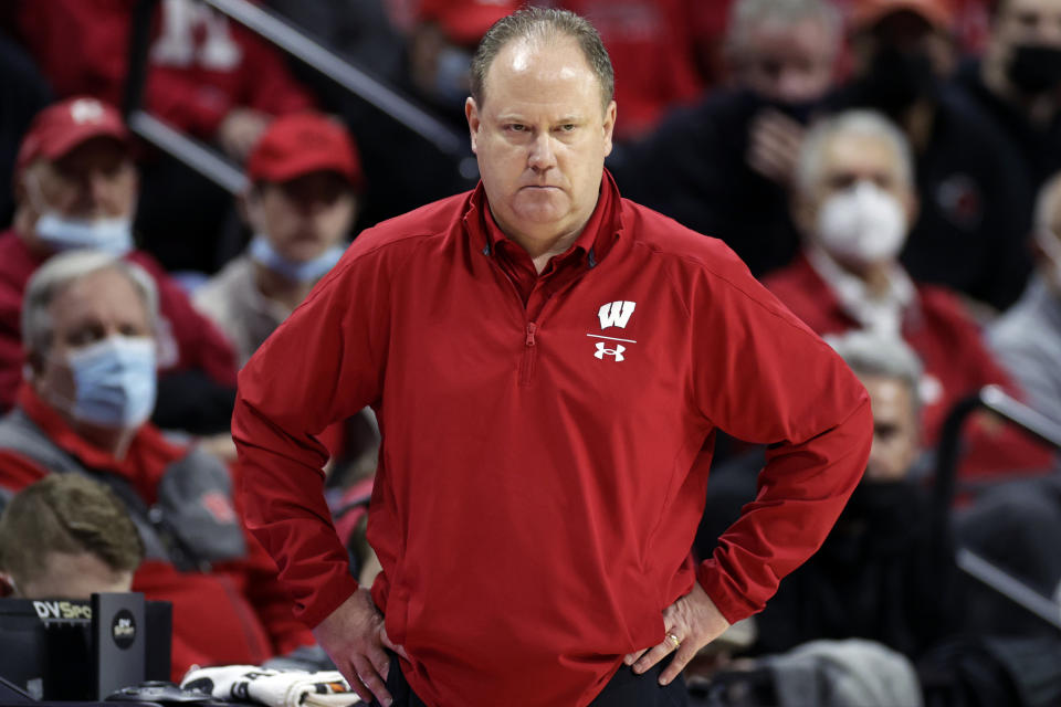 Wisconsin head coach Greg Gard looks on during the second half of an NCAA college basketball game against Rutgers, Saturday, Feb. 26, 2022, in Piscataway, N.J. (AP Photo/Adam Hunger)