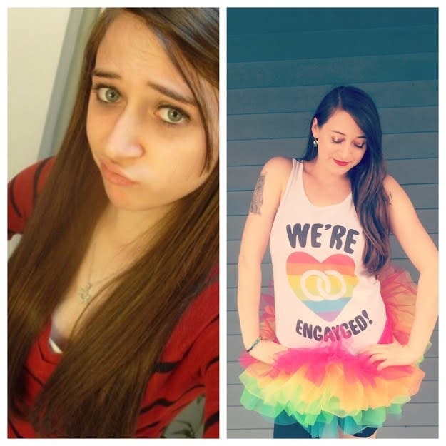 girl taking a selfie; same girl older wearing pride clothes and a shirt saying, "We're engaged"