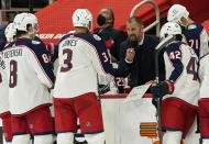 FILE - In this March 27, 2021, file photo, Columbus Blue Jackets assistant coach Brad Larsen talks to the team during the third period of an NHL hockey game against the Detroit Red Wings in Detroit. As the Blue Jackets tanked down the stretch last season, Larsen watched how players conducted themselves. Larsen, an assistant under John Tortorella, was in a good position to judge character as the losses piled up and the team dealt popular players at the trade deadline. He thinks that insight will work in his favor as he assembles a roster for the first time as an NHL head coach. (AP Photo/Carlos Osorio, File)