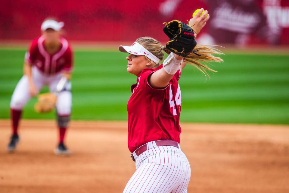 Alabama pitcher Lexi Kilfoyl (44) delivers a pitch against the Kentucky Wildcats at Rhoads Stadium, Saturday March 19, 2022. [Photo/Will McLelland]