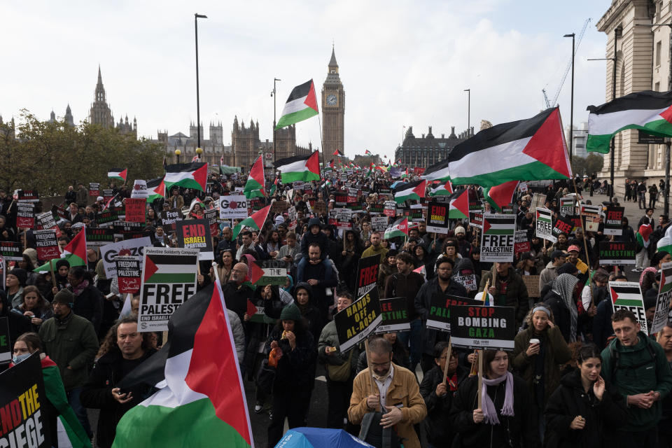 LONDON, UNITED KINGDOM - OCTOBER 28, 2023: Tens of thousands of protesters march across Westminster Bridge in solidarity with the Palestinian people and to demand an immediate ceasefire to end the war on Gaza on October 28, 2023. Over 7,000 Palestinian and 1,400 Israeli people have died since the latest conflict between Israel and Hamas began three weeks ago when Hamas launched the largest attack on Israeli territory in decades. (Photo credit should read Wiktor Szymanowicz/Future Publishing via Getty Images)