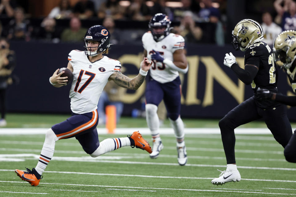 Chicago Bears quarterback Tyson Bagent (17) runs during the first half of an NFL football game against the New Orleans Saints in New Orleans, Sunday, Nov. 5, 2023. (AP Photo/Butch Dill)