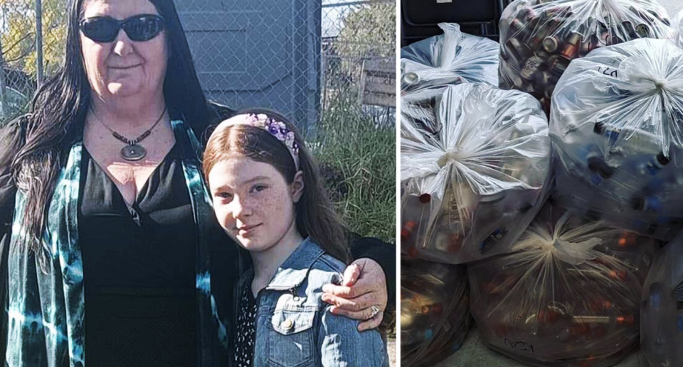 Ms Harrison and her granddaughter Evie pictured (left) and the bags full of cans before they were stolen.