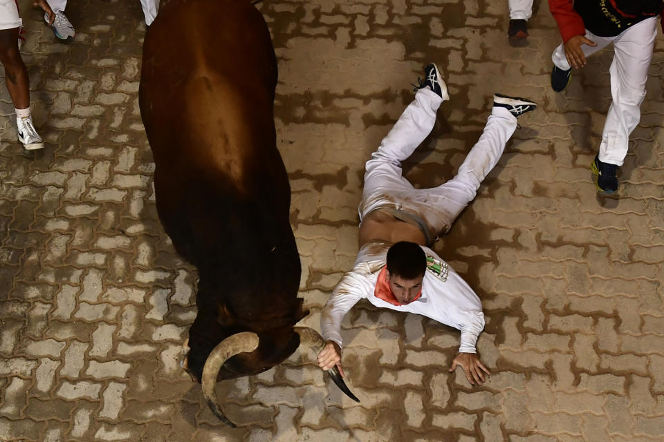 A runner grabs hold of a bull's horns as he falls during the running of the bulls at the San Fermin Festival in Pamplona, northern Spain, Tuesday, July 12, 2022. Revellers from around the world flock to Pamplona every year for nine days of uninterrupted partying in Pamplona's famed running of the bulls festival which was suspended for the past two years because of the coronavirus pandemic. (AP Photo/Alvaro Barrientos)