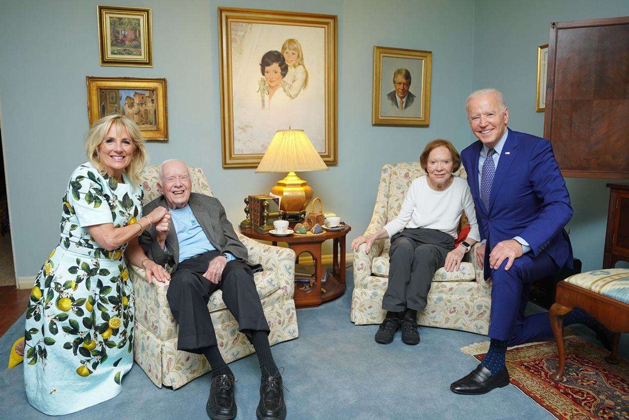 First lady Jill Biden, former President Jimmy Carter, former first lady Rosalynn Carter and President Biden pose for a photo at the Carter family's home in Plains, Ga., Thursday. (Photo via the Carter Center/Twitter)