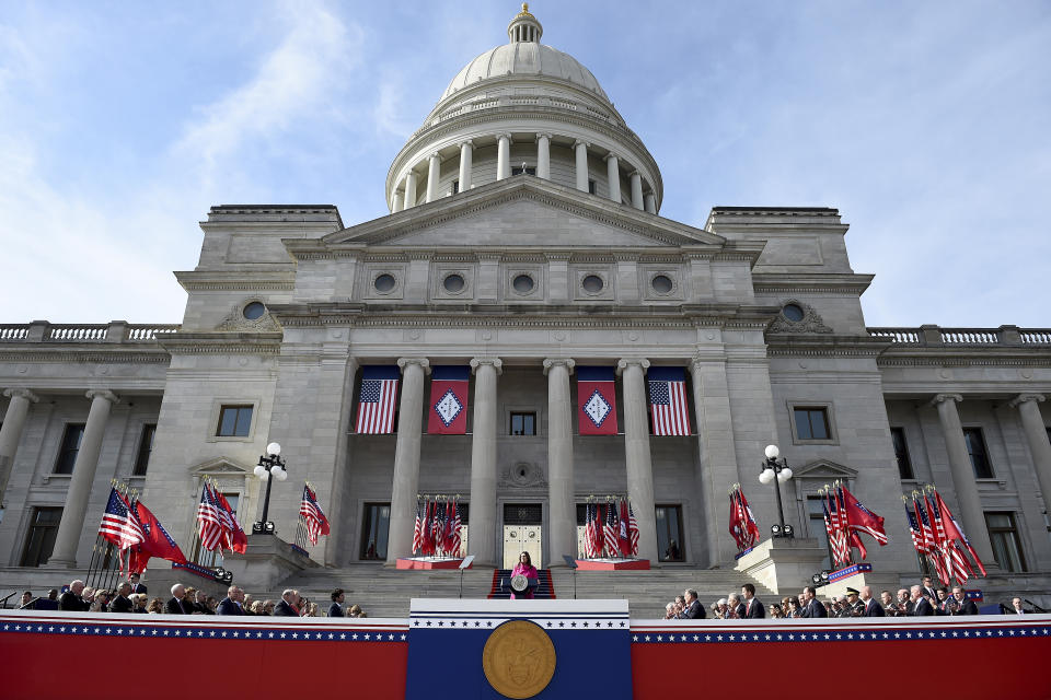 Arkansas governor-elect Sarah Huckabee Sanders speaks after taking the oath of the office on the steps of the Arkansas Capitol Tuesday, Jan. 10, 2023, in Little Rock, Ark. (AP Photo/Will Newton)