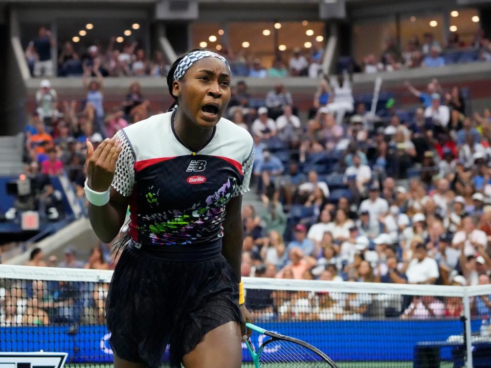 Coco Gauff celebrates winning a point with City Girls' "Period" gesture.