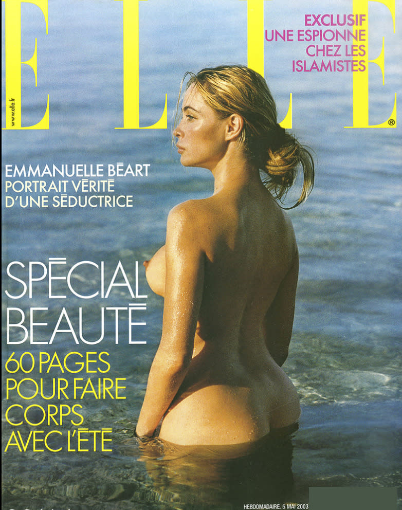 Les féminins osent aussi : Ainsi, le ELLE France a demandé à la photographe Sylvie Lancrenon de faire poser Emmanuelle Béart. Résultat ? Un cliché classe et nature. Parfait pour cette édition de mai 2003. 