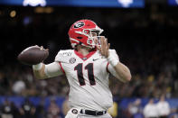 Georgia quarterback Jake Fromm looks for a receiver during the first half of the team's Sugar Bowl NCAA college football game against Baylor in New Orleans, Wednesday, Jan. 1, 2020. (AP Photo/Brett Duke)