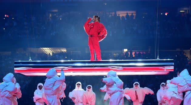 Rihanna doing what Rihanna does best during the halftime show at Sunday's Super Bowl in Glendale, Arizona.
