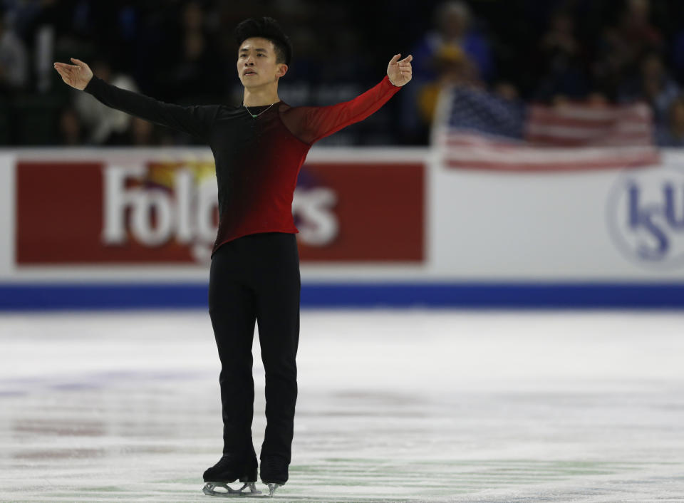 Jimmy Ma performs during the men's free skating program at Skate America, Saturday, Oct. 20, 2018, in Everett, Wash. (Olivia Vanni/The Herald via AP)