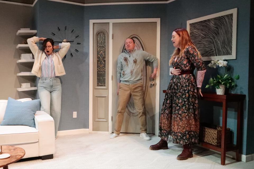 Dekyi Rongé, left, Jonathan Fielding and Alex Pelletier navigate some vicious turns and an unseen dog in Brenda Withers’ “Westminster” at Urbanite Theatre.