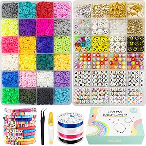 Clay Beads for Bracelet Making Kits, 24 Colors Flat Clay Heishi 6000 Pcs Beads |1200 Pcs jewelry accessory | 16 A-Z Smiley Face Beads,Strings for Jewelry Making Kit Bracelets for Preppy Girls 6-12