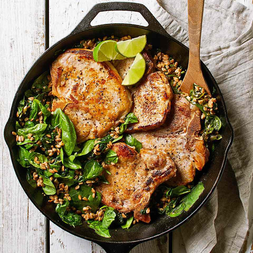 Garlic-Lime Pork with Farro & Spinach