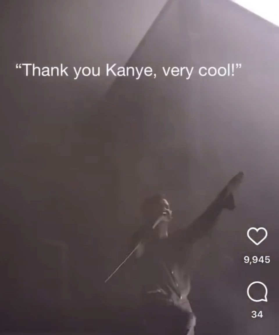 Matty onstage with a raised hand and the caption "Thank you Kanye, very cool"