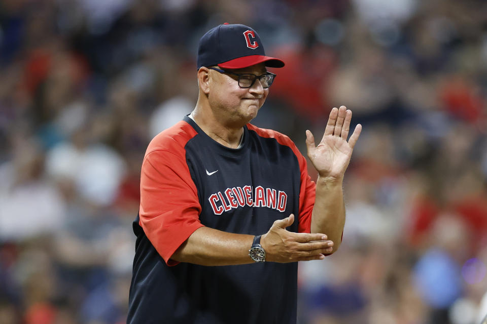 FILE - Cleveland Guardians manager Terry Francona makes a pitching change during the team's baseball game against the Houston Astros, Aug. 4, 2022, in Cleveland. Francona is feeling much better these days. He has a rod in his left foot that bothers him when he wears his beloved flip-flops, but it's a breeze compared to what he experienced in the past. (AP Photo/Ron Schwane, File)