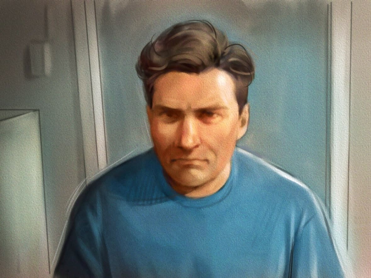 Paul Bernardo is shown in this courtroom sketch during Ontario court proceedings via video link in Napanee, Ont., on October 5, 2018. (Greg Banning/The Canadian Press - image credit)