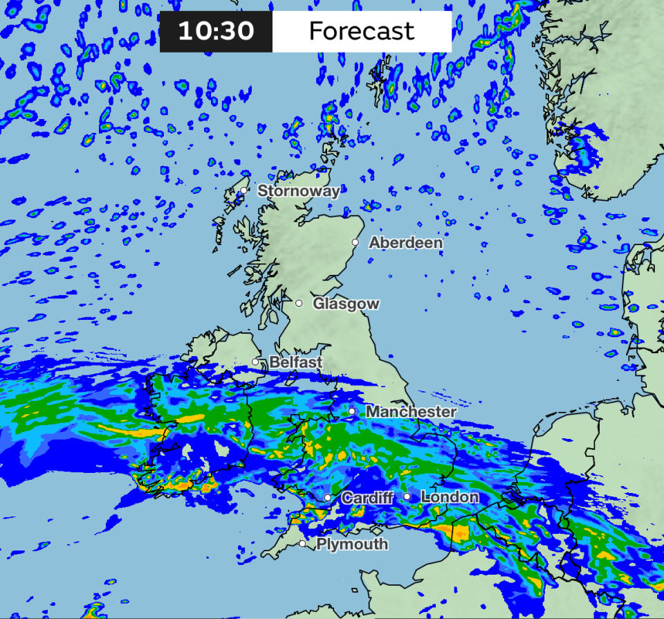 Rain is set to sweep across southern England on Thursday. (Met Office)