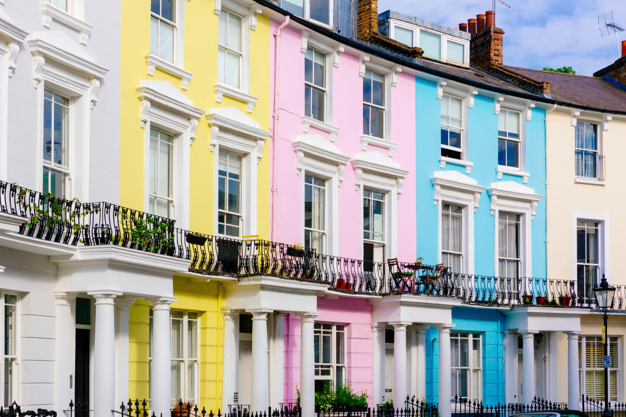 Multi colored vibrant houses in Primrose Hill neighborhood, London, UK