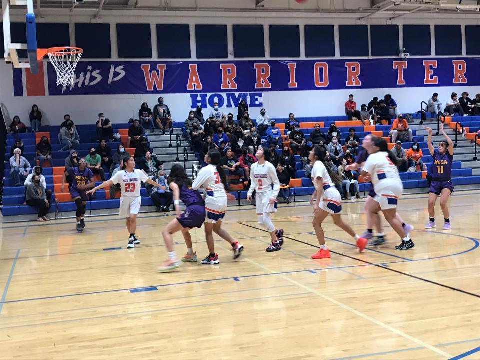 Jan. 11, 2022; Mesa girls basketball guard Ashiian Hunter shoots a three-point attempt in the Jackrabbits' crosstown rivalry road game at Westwood High School.