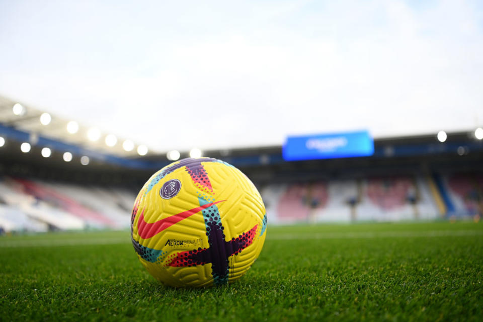 LEICESTER, ENGLAND - OCTOBER 29: Detail view of the Nike Flight Premier League 2022-23 Hi-Vis match ball prior to the Premier League match between Leicester City and Manchester City at The King Power Stadium on October 29, 2022 in Leicester, England. (Photo by Michael Regan/Getty Images)