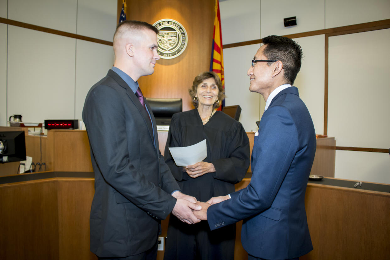 Davide Beaty-Nez (left) and Larrison Beaty-Nez (right) married at Tucson City Hall. (Photo: <a href="http://www.celestealphotography.com/" target="_blank">Celesteal Photography</a>)