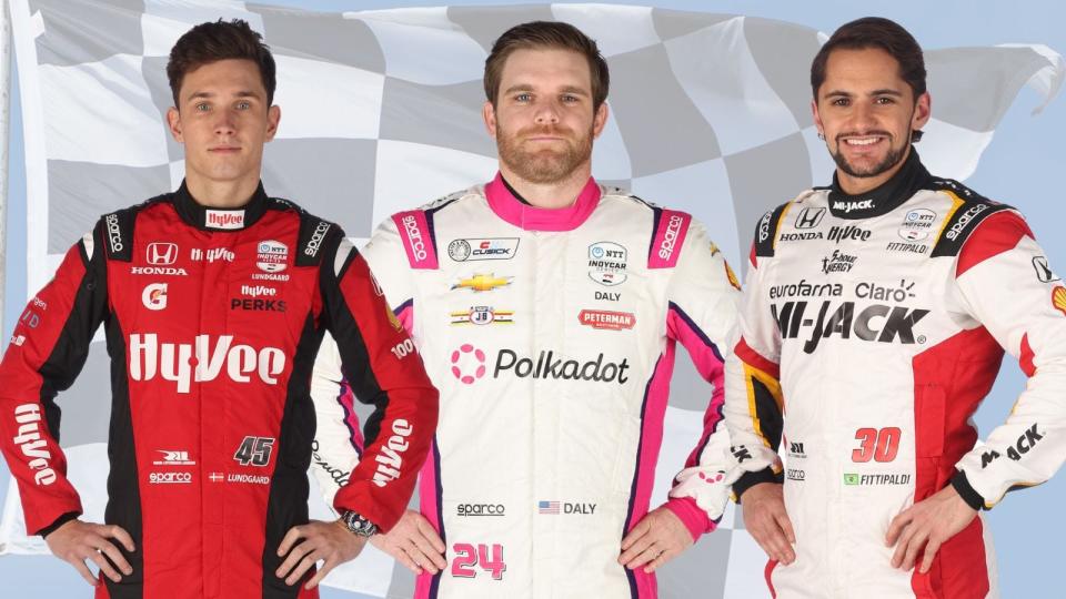 Row 10 for the 2024 Indianapolis 500 (from left): Christian Lundgaard, Conor Daly, Pietro Fittipaldi