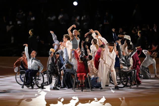 French singer Lucky Love (center) performs during the Paris 2024 Paralympic Games Opening Ceremony at the Place de la Concorde in Paris on Aug. 28, 2024.