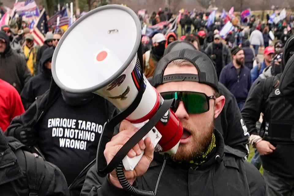 Proud Boy member Ethan Nordean walks toward the U.S. Capitol in Washington, in support of President Donald Trump on Jan. 6, 2021.