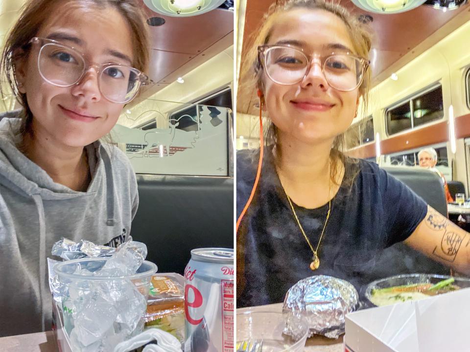 Two photos of the author with meals in the dining carts