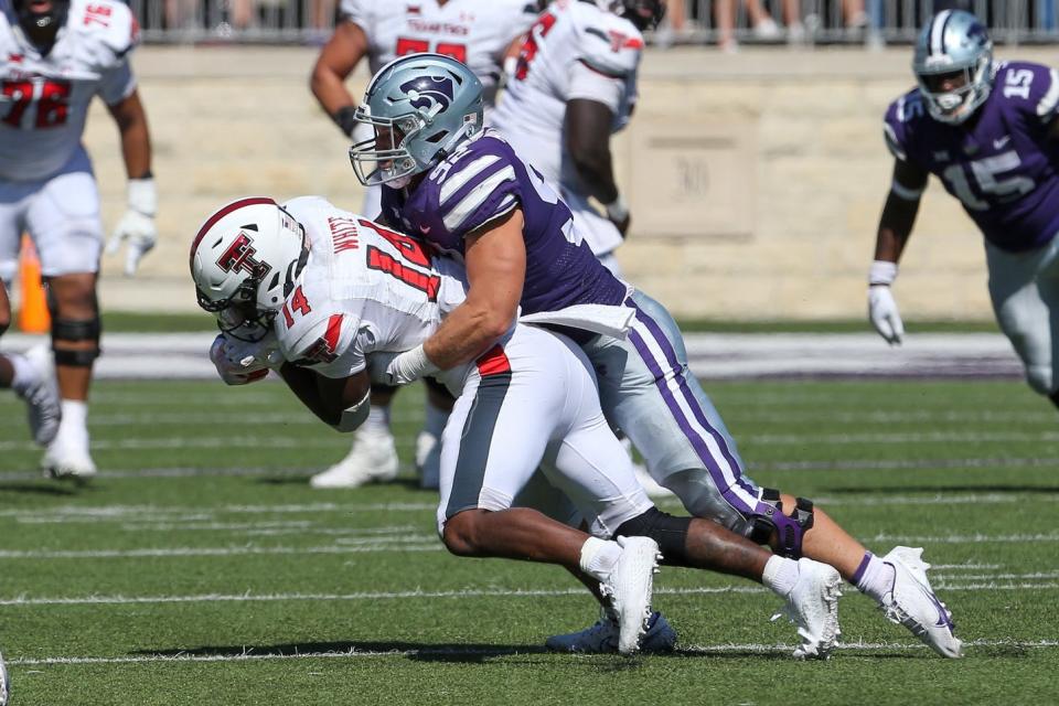 Texas Tech wide receiver Xavier White (14) caught nine passes for 120 yards, both career highs, and a touchdown in the Red Raiders' 37-28 loss Saturday at Kansas State. That moved the senior from Monterey to second in receiving yards and fourth in receptions on the team this season.