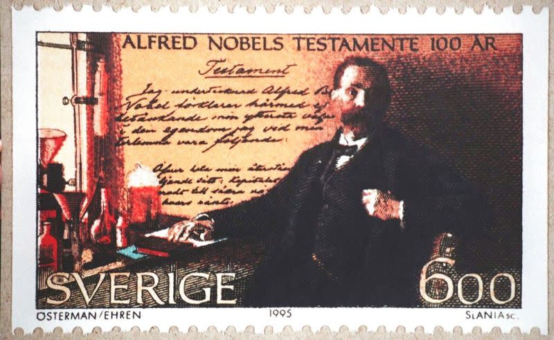 ▲1995年，德國郵政公司在諾貝爾創立基金的100週年之際，印刷這枚由德國和瑞典共同發行的郵票。圖為諾貝爾。（圖／美聯社）