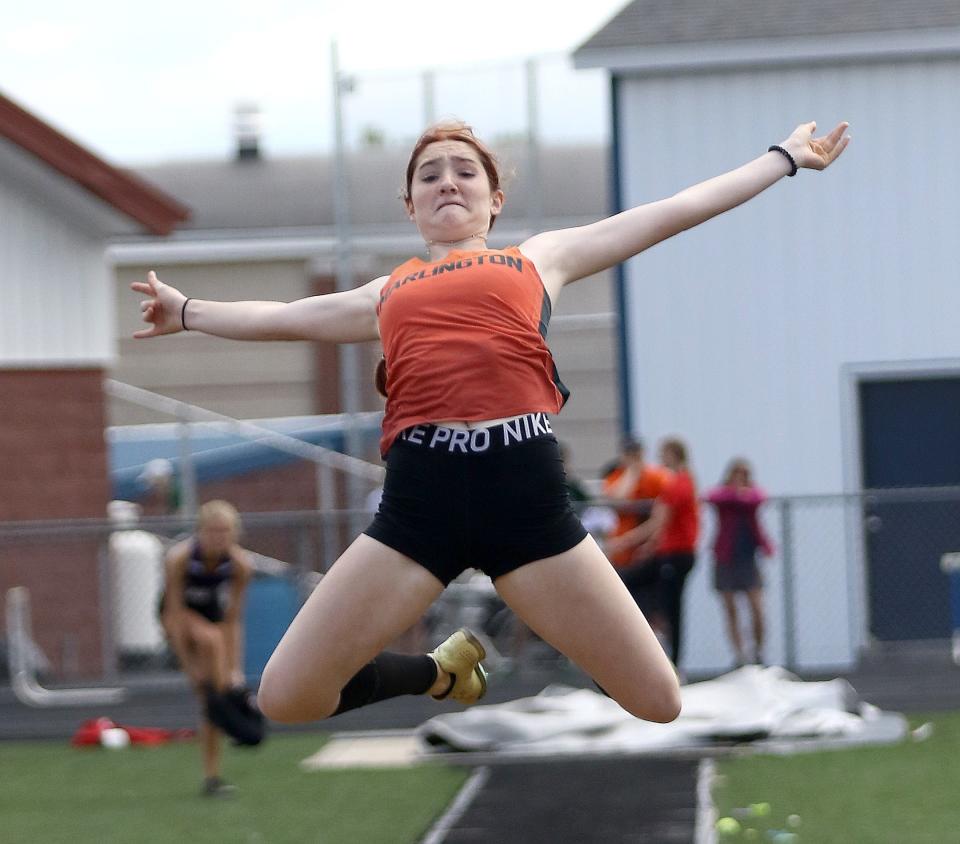 Marlington's Ariana Painter during a long jump attempt at the Division II track and field regional finals held at Austintown Fitch High School, Saturday, May 28, 2022.