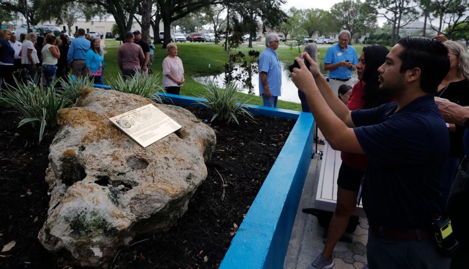 The City of Cape Coral hosted a ceremony Thursday, September 28, 2023, to unveil a plaque commemorating the first anniversary of Hurricane Ian. The monument is located in Reflections Park, 815 Nicholas Pkwy., adjacent to City Hall. Visitors gathered during the ceremony to view and take pictures of the memorial. 

Ricardo Rolon/USA TODAY NETWORK-FLORIDA