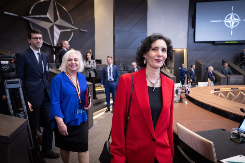 Belgian Foreign Minister Hadja Lahbib arrives before the start of the NATO foreign ministers meeting at NATO headquarters in Brussels. -/NATO/dpa