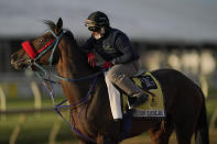 Black-Eyed Susan horse race entrant Miss Leslie works out on the track ahead of the race at Pimlico Race Course, Wednesday, May 12, 2021, in Baltimore. (AP Photo/Julio Cortez)