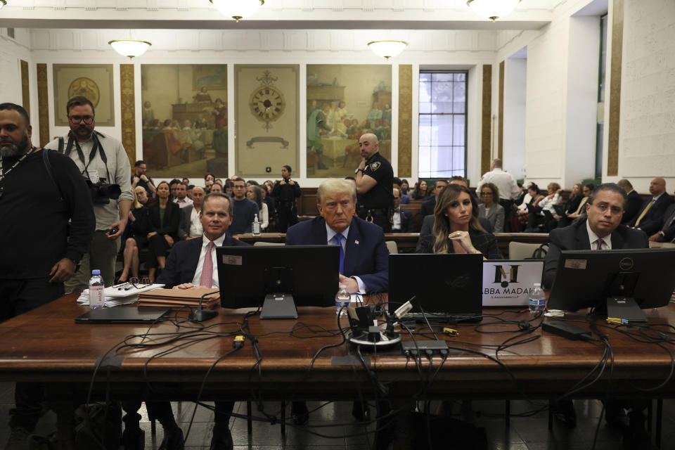 Former President Donald Trump waits to take the witness stand during his civil fraud trial at New York Supreme Court, Monday, Nov. 6, 2023, in New York. (Brendan McDermid/Pool Photo via AP)