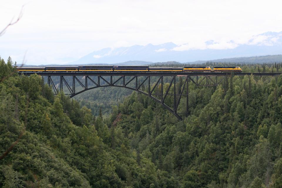 Alaska Railroad's Denali Star Train on the Hurricane Gulch Bridge.