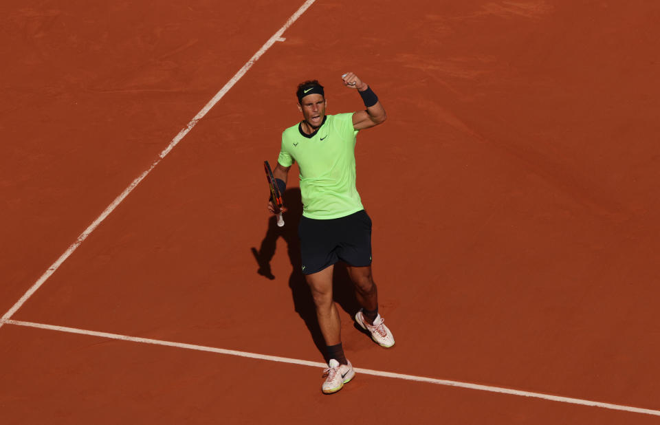 PARIS, FRANCE - JUNE 09: Rafael Nadal of Spain celebrates a point during his Mens Singles Quarter-Final match against Diego Schwartzman of Argentina during Day Eleven of the 2021 French Open at Roland Garros on June 09, 2021 in Paris, France. (Photo by Adam Pretty/Getty Images)